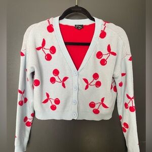 Art Class cherries Red and Light Blue Knit Fabric cardigan